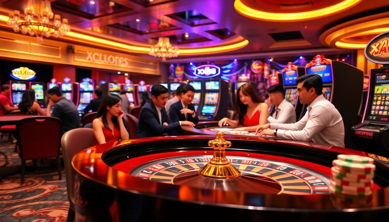 Gamblers enjoying thrilling experiences at XX88 online casino with roulette and slot machines.