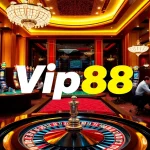 Engaging casino scene at Vip88 with vibrant games, poker players, and slot machines.