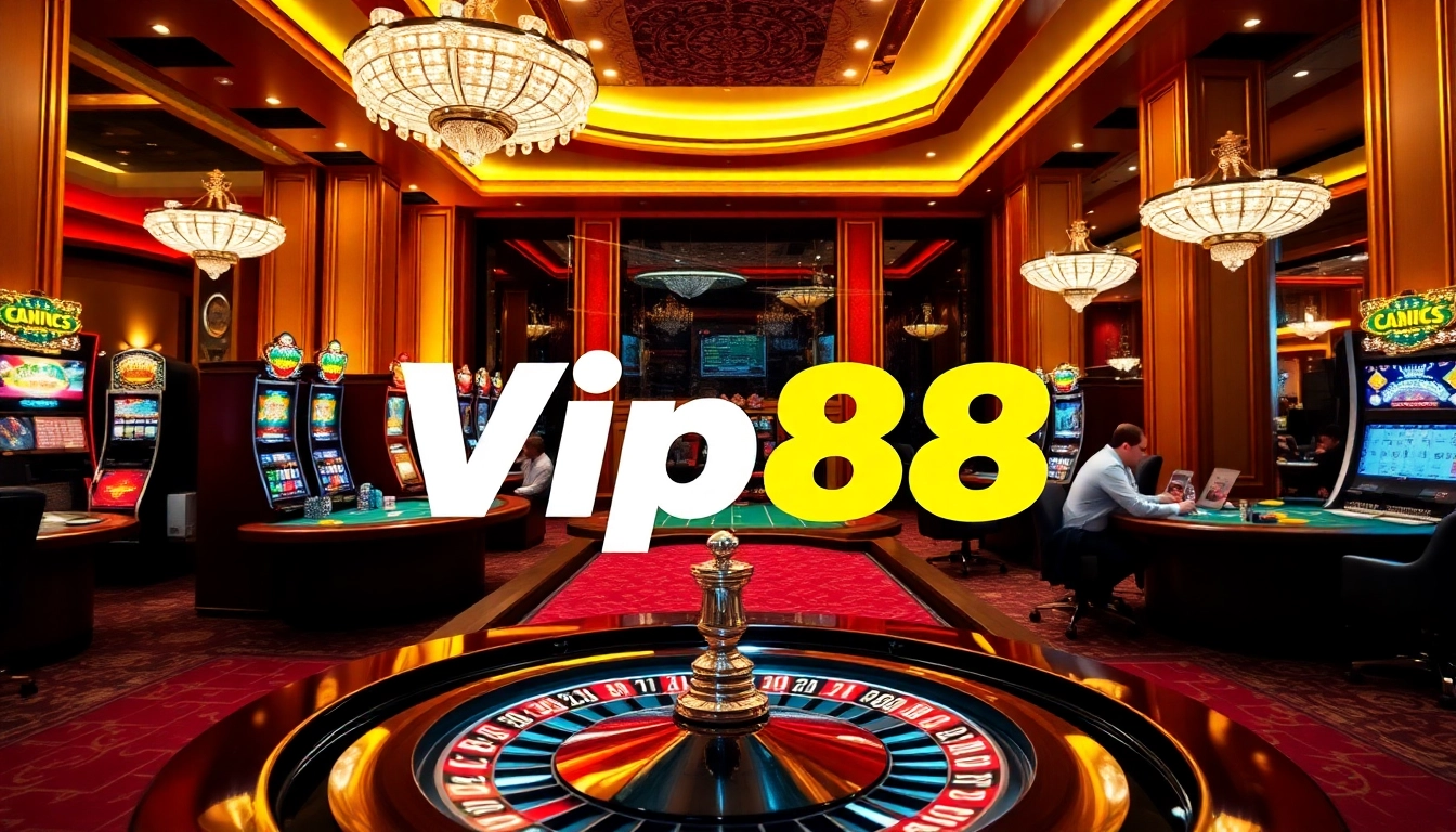 Engaging casino scene at Vip88 with vibrant games, poker players, and slot machines.