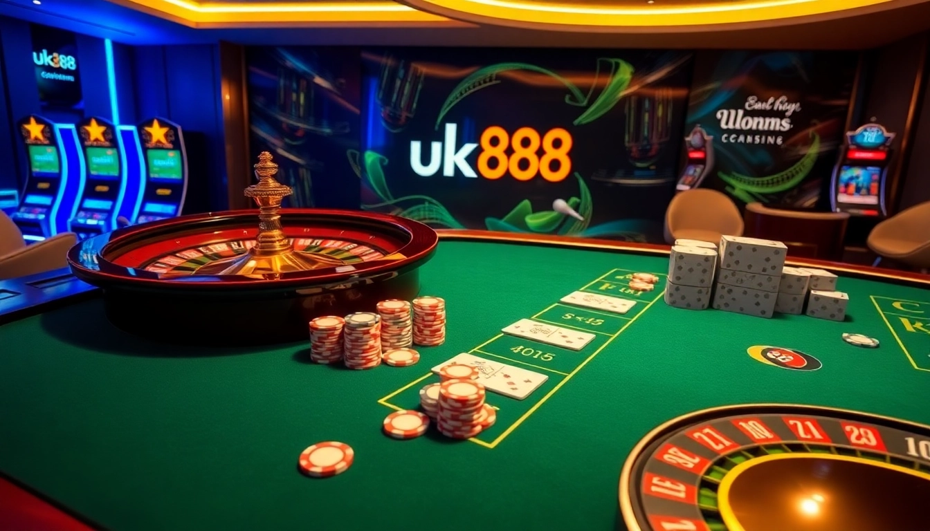 Experience the thrill of winning at uk88 casino with vibrant poker chips and a luxurious roulette table.