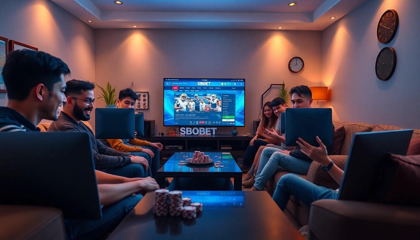 Engaged players enjoying sports betting and poker games at sbobet.dance in a modern gaming setup.