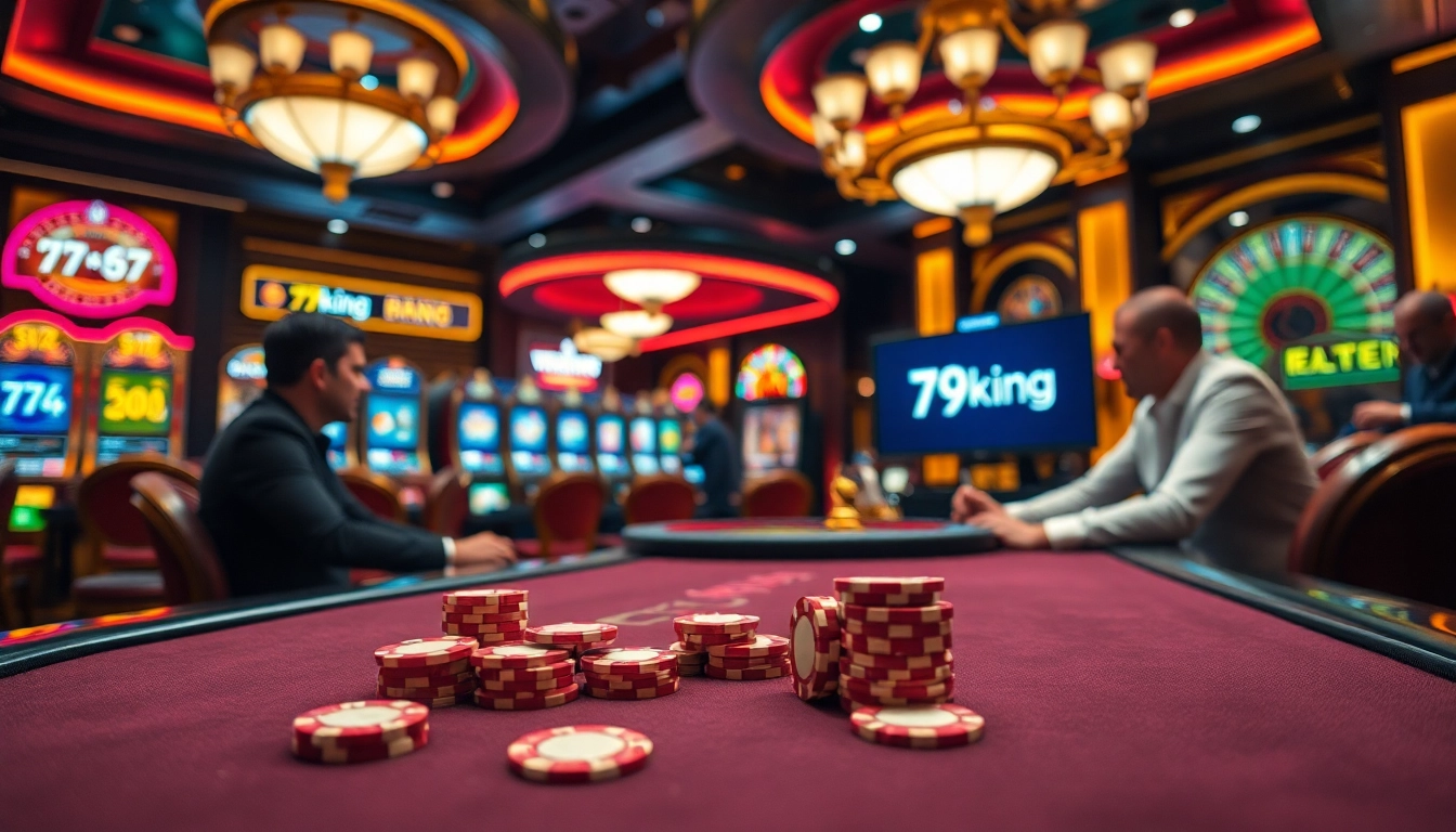 79king poker chips on a luxurious casino table amid a vibrant gaming atmosphere.