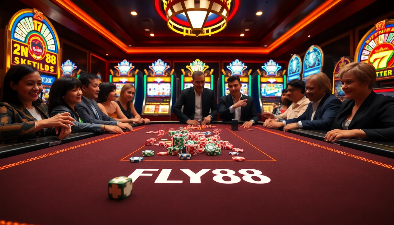 Players enjoying FLY88 casino games at a vibrant gaming table with poker chips.
