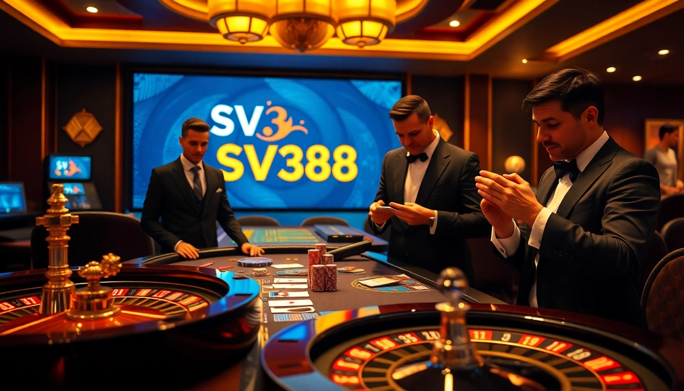 SV388 casino table filled with poker chips and cards, showcasing intense gambling action.