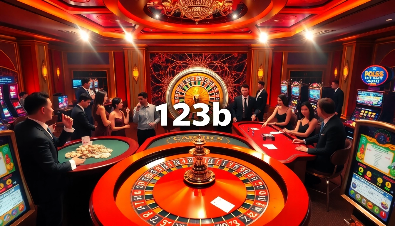 Experience thrilling gambling excitement at 123b with poker chips and a vibrant roulette wheel.