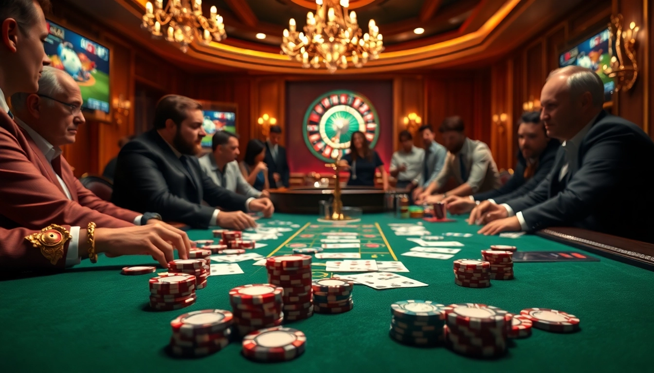 Engage in thrilling gameplay at Vaoluoitv's luxurious casino setup with roulette and poker.