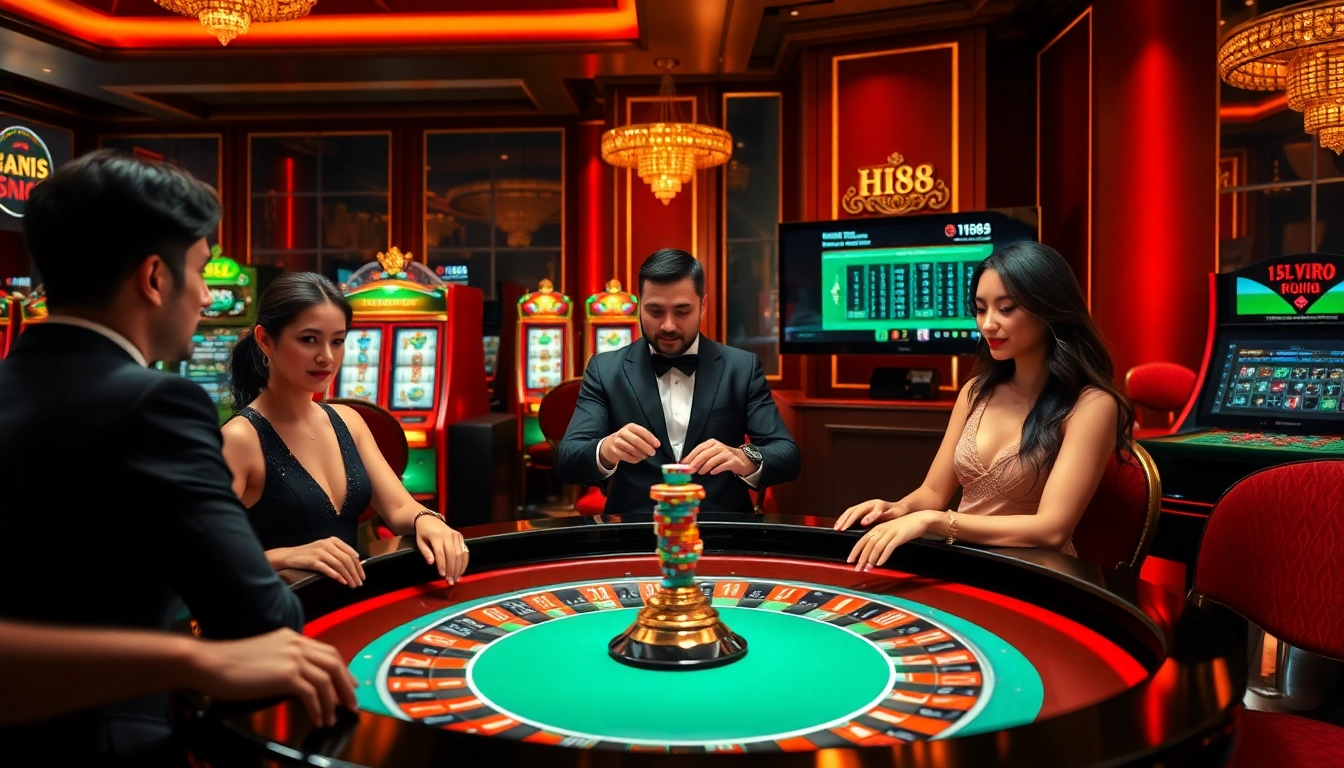 Engage in exciting gameplay at Hi88 with vibrant casino elements like roulette and slot machines.