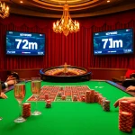 7m poker players placing bets at a luxurious casino table amidst colorful chips and elegant decor.