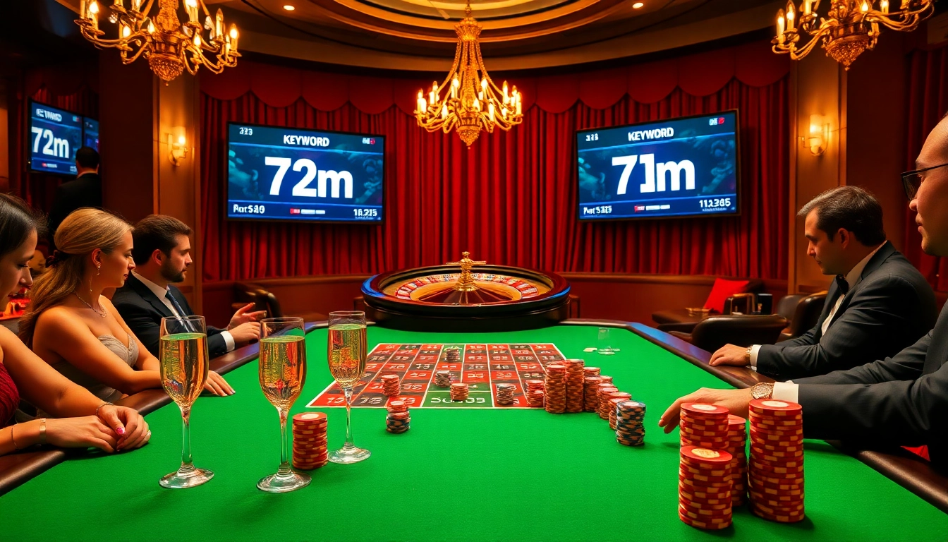 7m poker players placing bets at a luxurious casino table amidst colorful chips and elegant decor.