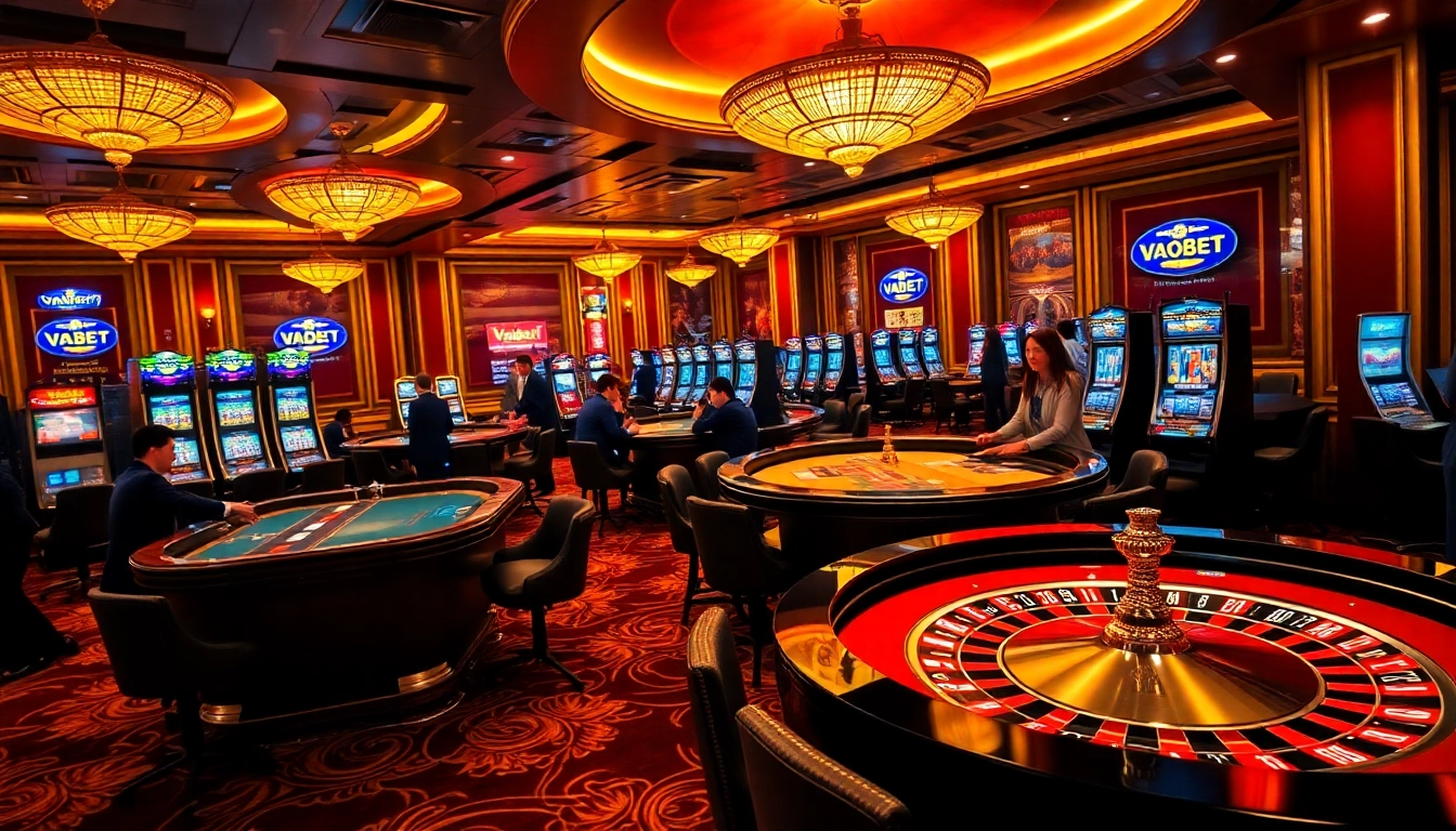 Vaobet casino scene showcasing roulette and lively players immersed in gambling excitement.