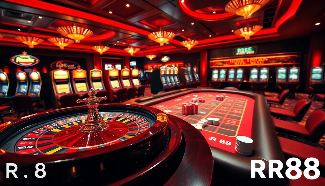 Exciting gambling action at RR88 casino with vibrant roulette and poker tables.