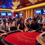 ww88 players enjoying baccarat at a lively casino with vibrant slot machines.