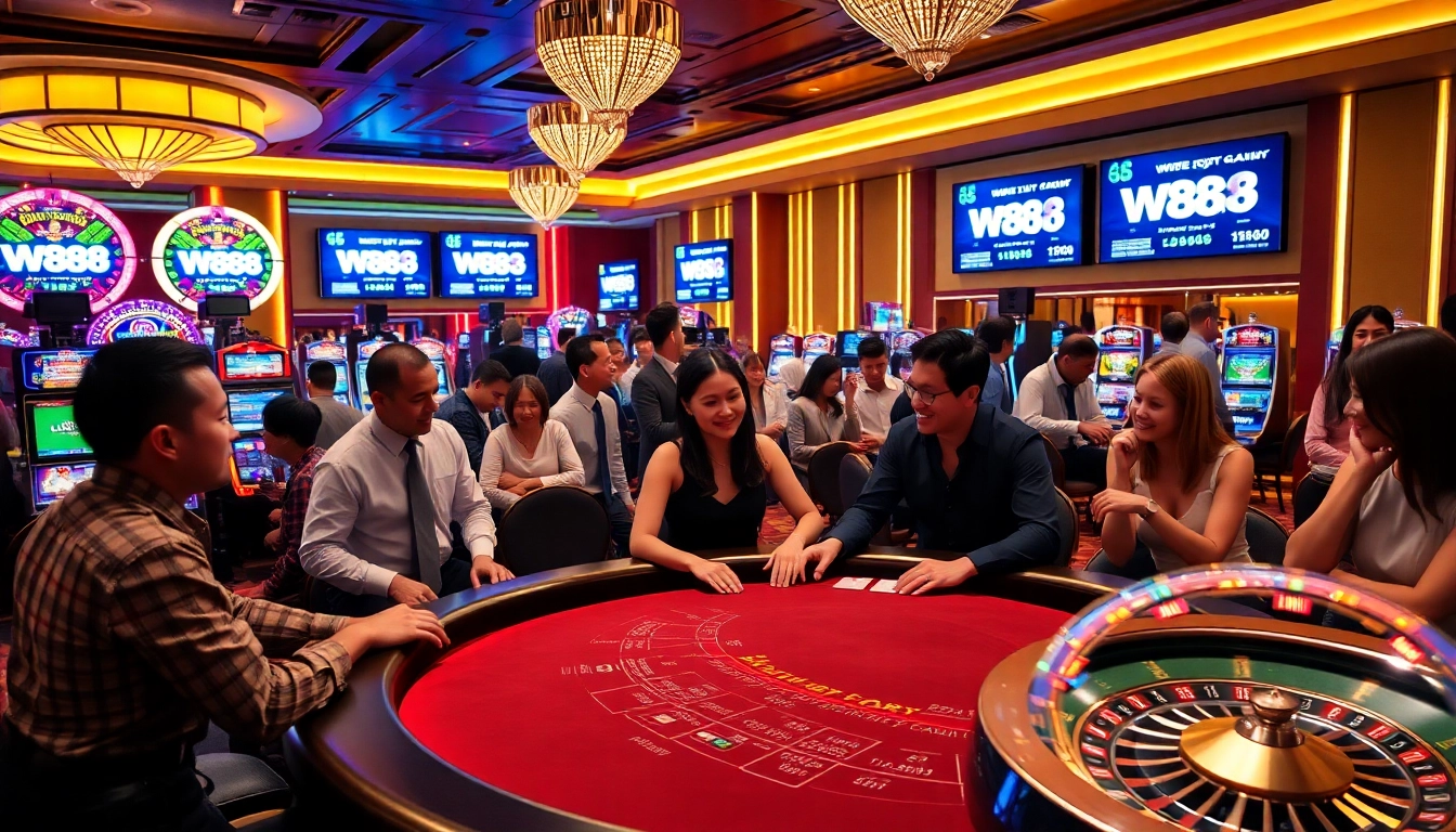 ww88 players enjoying baccarat at a lively casino with vibrant slot machines.