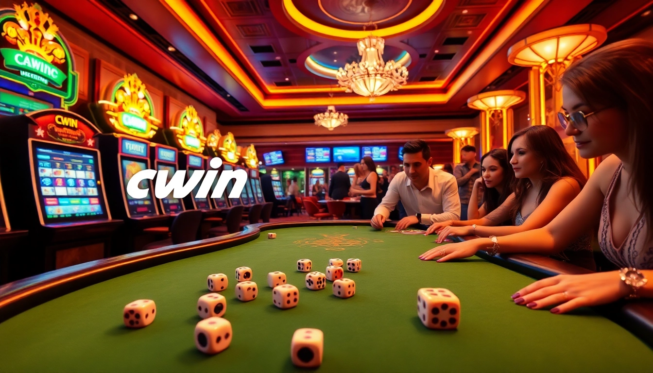 Cwin online gambling experience with vibrant slot machines and poker tables.