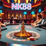 Players enjoying an exciting game at NK88's elegant casino table amidst vibrant surroundings.