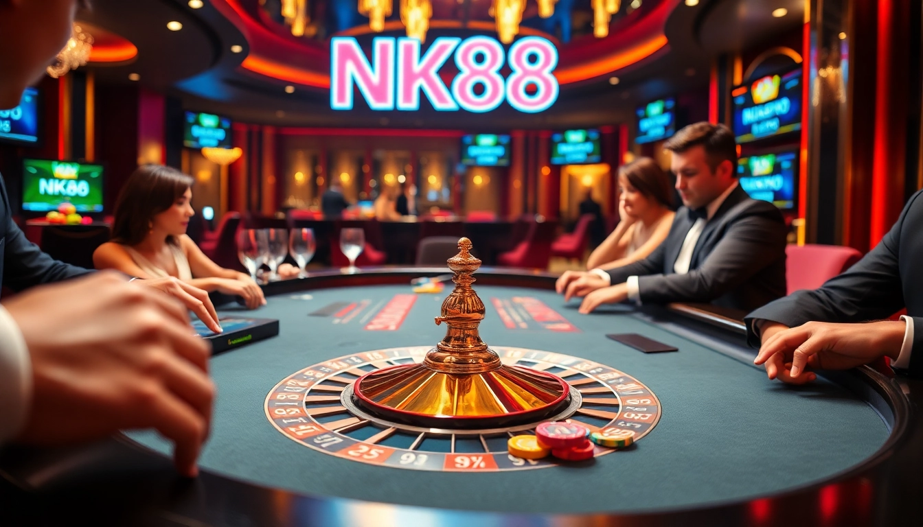 Players enjoying an exciting game at NK88's elegant casino table amidst vibrant surroundings.