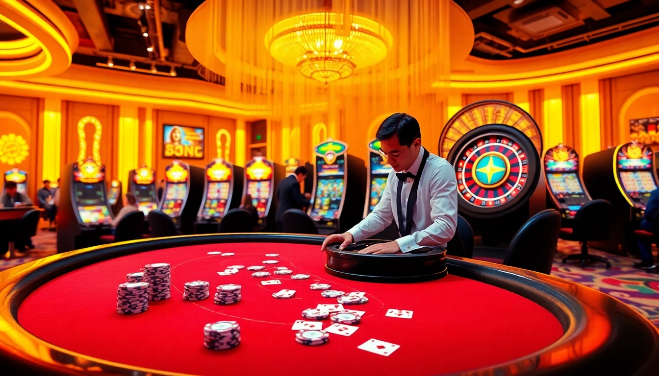 Experience the excitement of RR88 online gambling with an engaging casino scene featuring poker tables and slot machines.