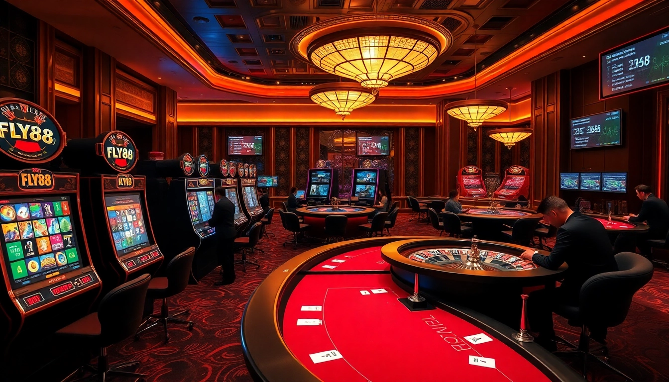 FLY88 offers thrilling gaming experiences on casino tables with vibrant slot machines and live betting odds.