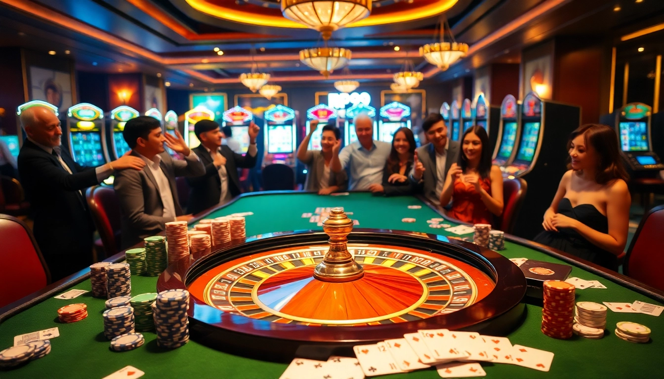 Experience thrilling gaming with RR99 at a luxury casino featuring roulette, poker chips, and slot machines.