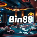 Players enjoying an exciting poker game at Bin88 casino, surrounded by vibrant gambling elements.