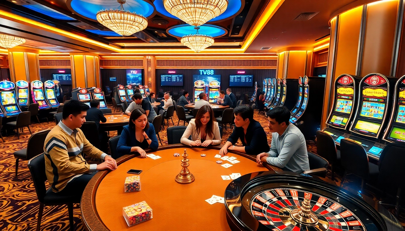 Experience thrilling gameplay at TV88 with vibrant slot machines and live poker tables inviting players.