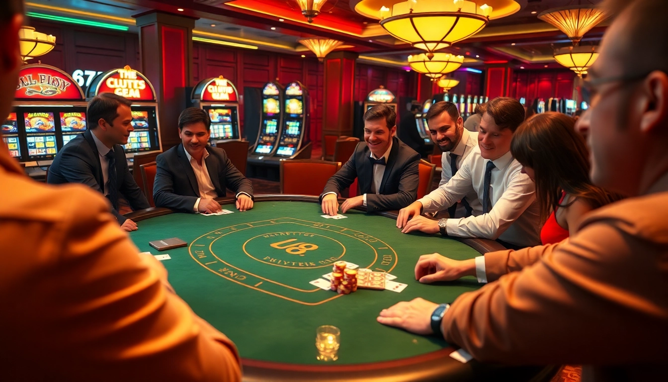 Excited players at Luck8 poker table surrounded by vibrant casino atmosphere.