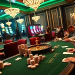 Exciting casino action at 79king with vibrant slot machines and a lively poker game.