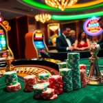 Experience the thrill of 13Win with poker chips and a roulette wheel in an elegant casino setting.