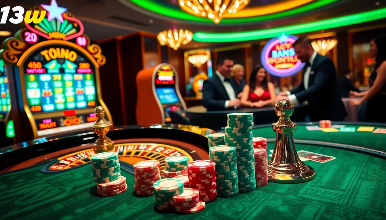 Experience the thrill of 13Win with poker chips and a roulette wheel in an elegant casino setting.