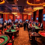 Gamblers enjoying a vibrant casino atmosphere at FB88 with poker tables and slot machines.