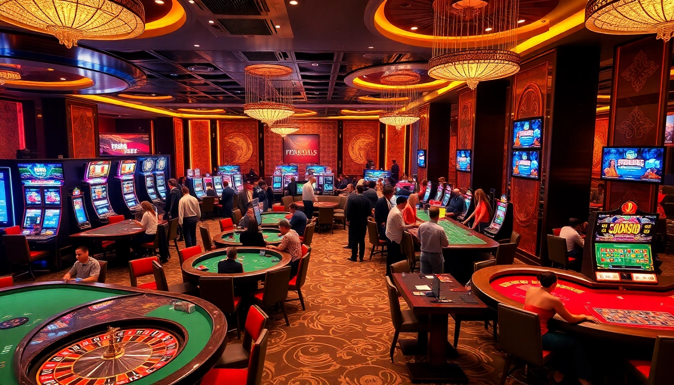 Gamblers enjoying a vibrant casino atmosphere at FB88 with poker tables and slot machines.