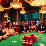 Excited players engaging in blackjack at 98win casino table, showcasing a thrilling gambling atmosphere.