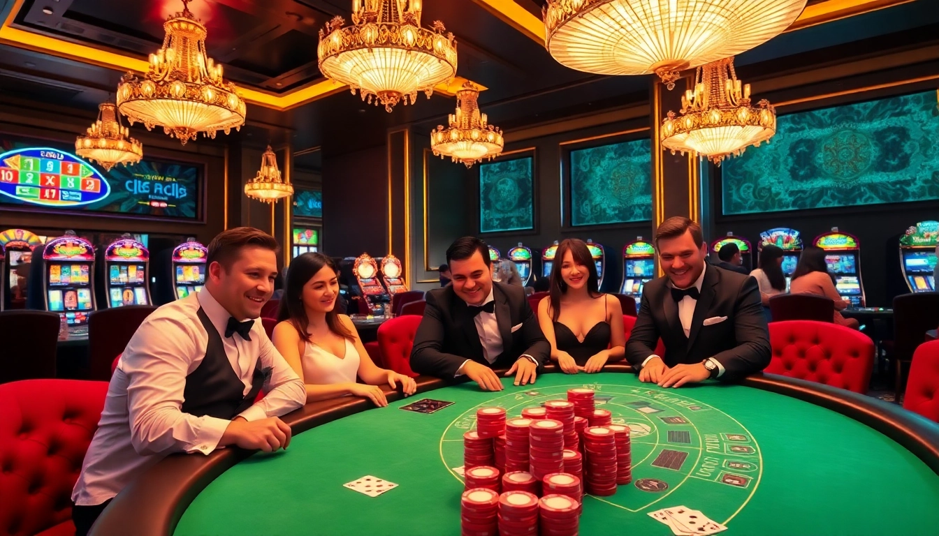 Excited players engaging in blackjack at 98win casino table, showcasing a thrilling gambling atmosphere.