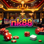 Experience the excitement of nk88 in a vibrant casino scene with poker tables and slot machines.