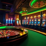Experience the exciting atmosphere of 23win with vibrant slot machines and roulette wheels set for players.