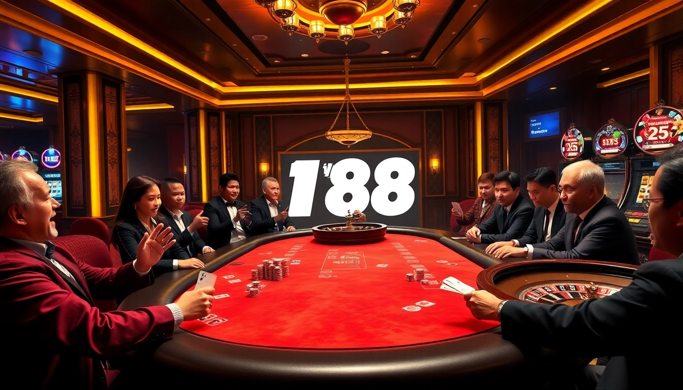 Players enjoying a thrilling poker game at a fly88 casino, vibrant atmosphere with luxurious decor.