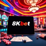 Exciting casino scene showcasing 8Kbet logo with players at tables and vibrant slot machines.