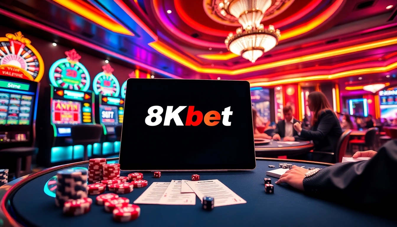 Exciting casino scene showcasing 8Kbet logo with players at tables and vibrant slot machines.