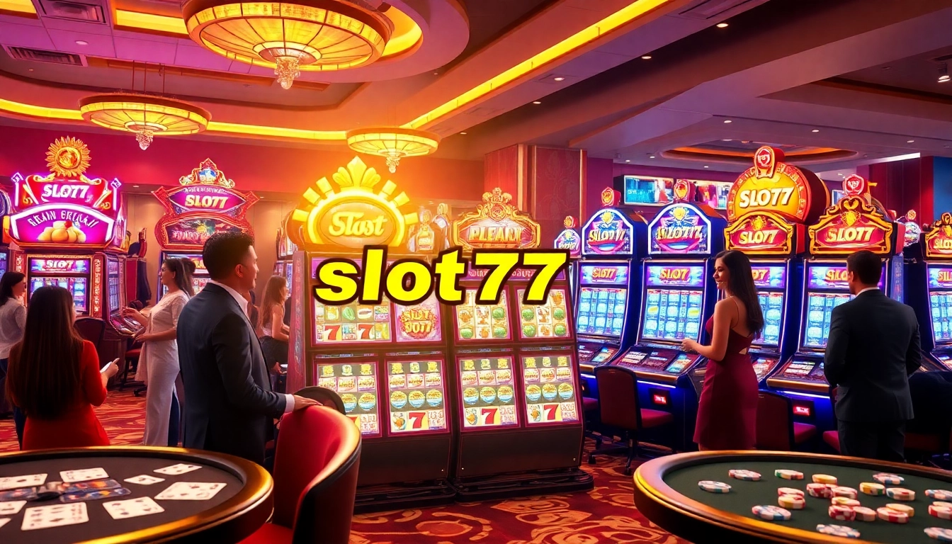 Players enjoying slot777 machines in a vibrant casino atmosphere with bright lights and excitement.