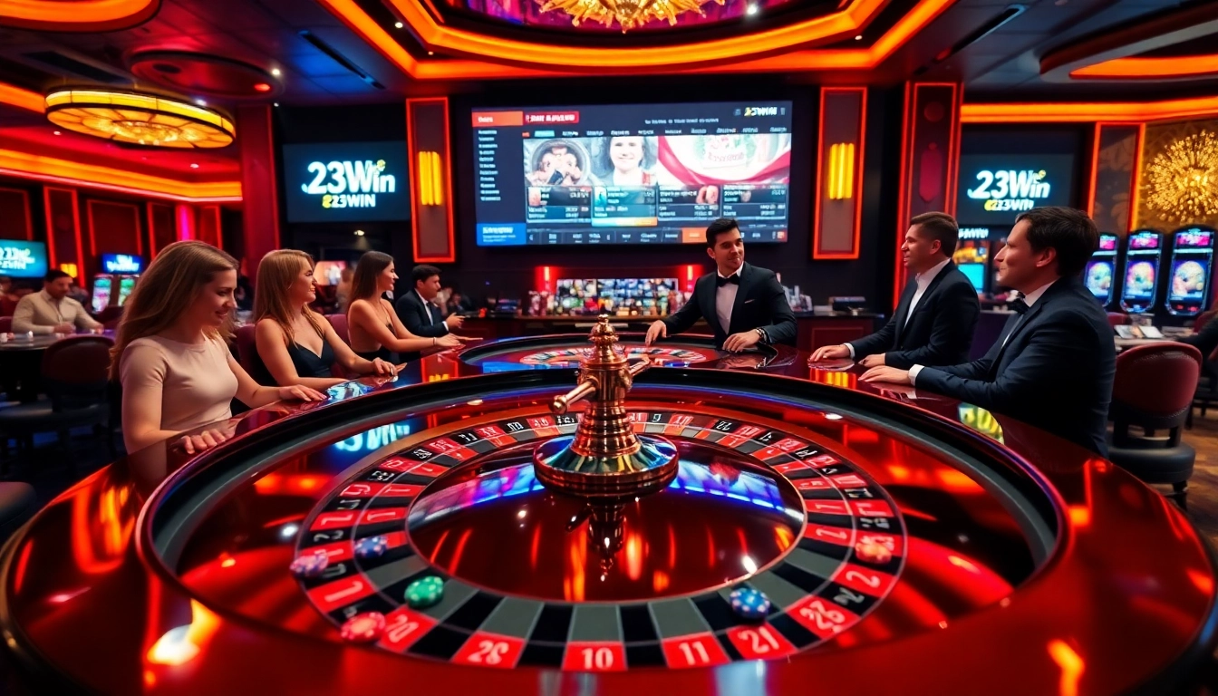 23Win's vibrant casino environment showcasing roulette table excitement and live betting options.