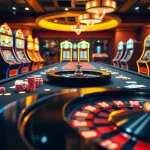 Experience the excitement of OK365 with vibrant casino tables, slot machines, and poker chips.