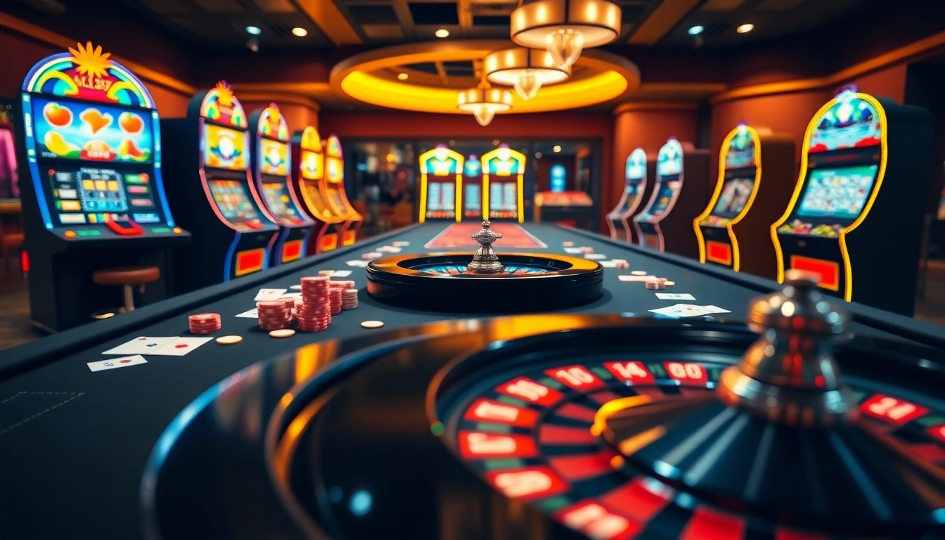 Experience the excitement of OK365 with vibrant casino tables, slot machines, and poker chips.