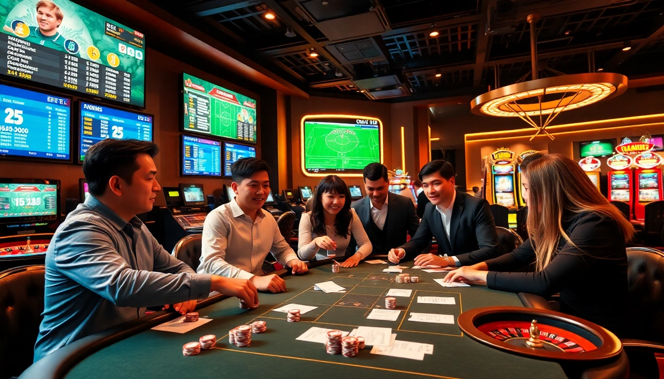 Engaging bettors analyze tỷ lệ bóng đá at a luxurious casino table with poker chips and odds displays.