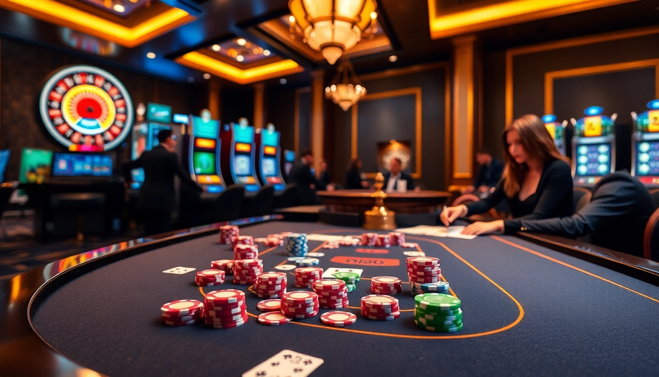Players enjoying a thrilling game at VIN88's luxurious casino tables with colorful poker chips.