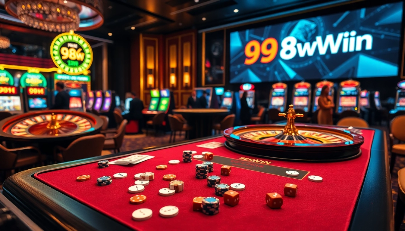 Engaging players place bets at a glamorous casino scene featuring 98Win gaming elements.