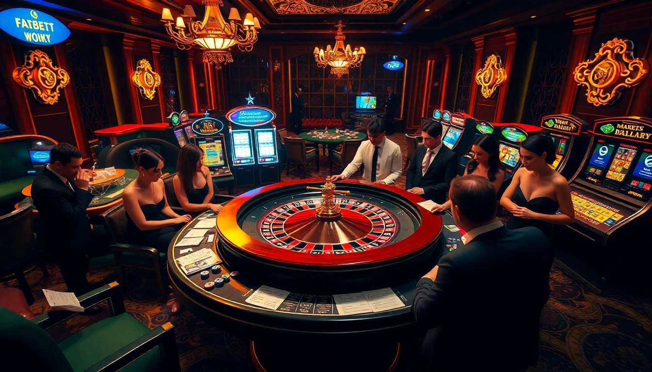Experience the thrill of fabet with players enjoying a vibrant casino atmosphere and roulette wheel.