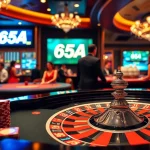 Experience the thrill of 65A with an elegant roulette table and vibrant poker chips in a luxurious casino setting.