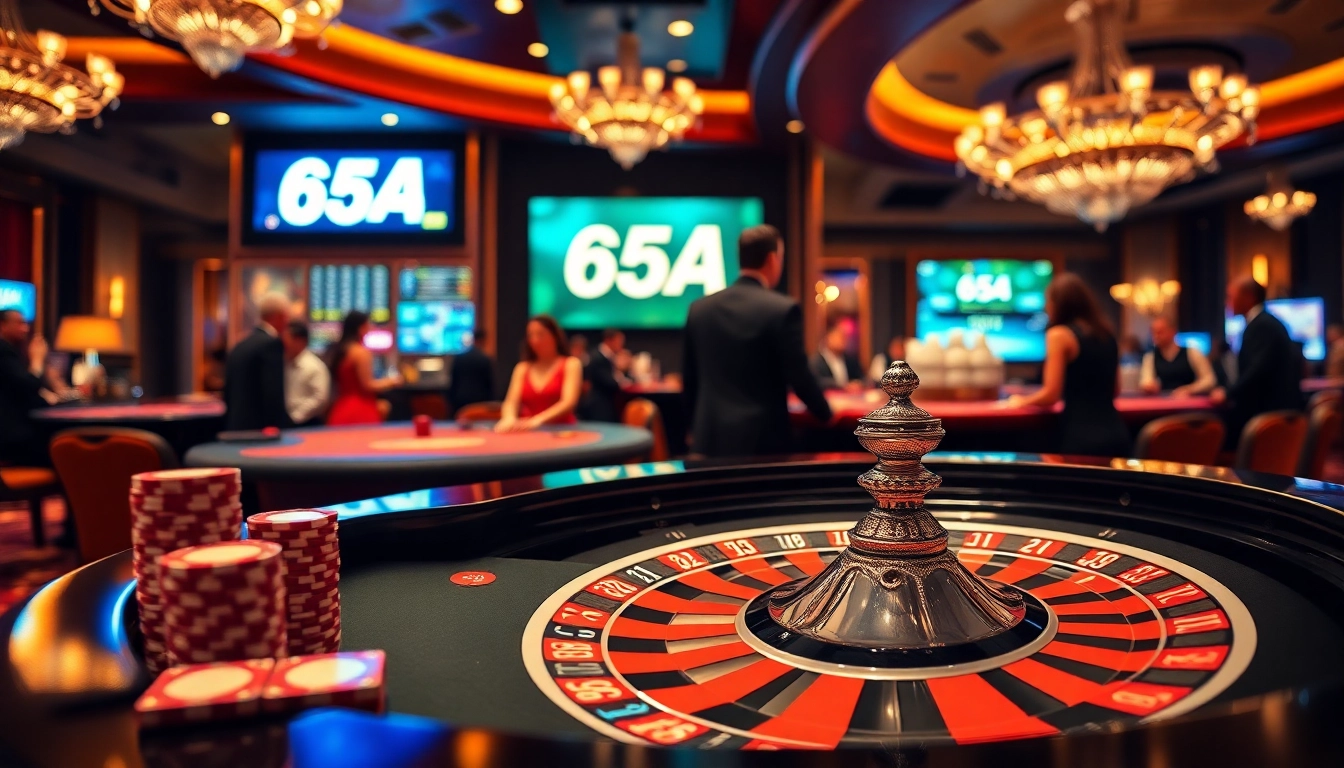 Experience the thrill of 65A with an elegant roulette table and vibrant poker chips in a luxurious casino setting.