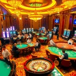 Experience the excitement of mv88 in a vibrant casino setting with roulette wheels and lively players.