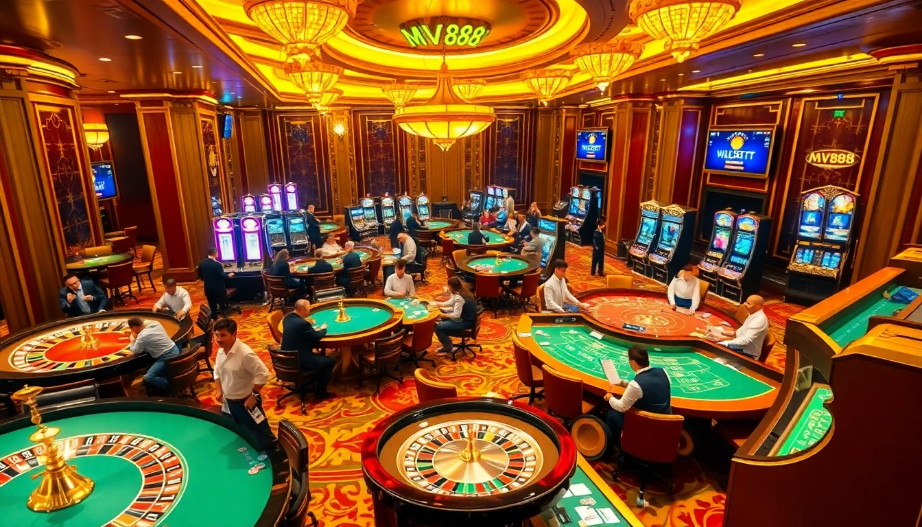 Experience the excitement of mv88 in a vibrant casino setting with roulette wheels and lively players.